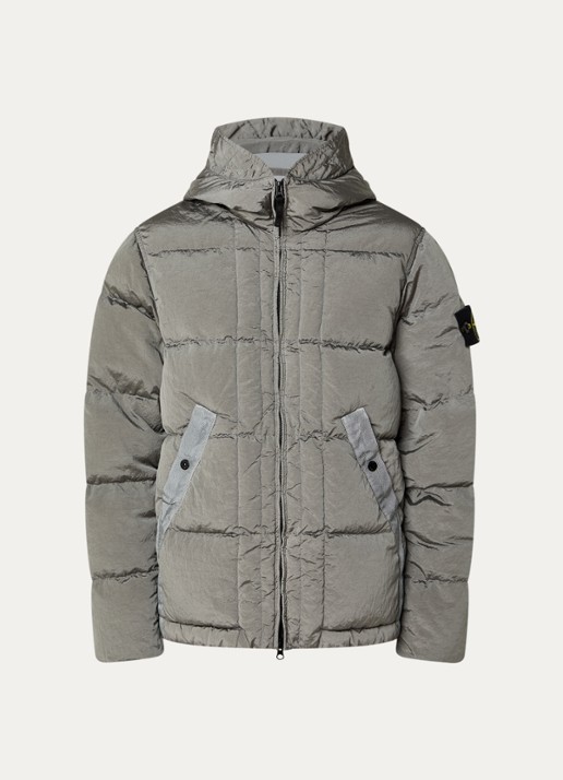 Stone Island S0019 puffer jack met capuchon en donsvulling - voorkant grijs