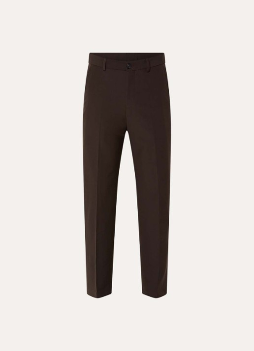 Strellson Joe straight fit pantalon van scheerwol met persplooi - voorkant 5 donkerbruin