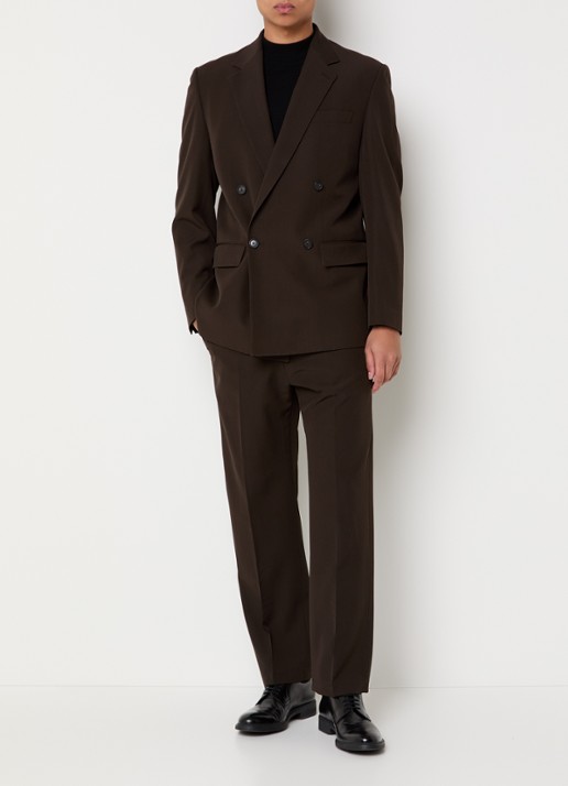 Strellson Joe straight fit pantalon van scheerwol met persplooi - voorkant 6 donkerbruin