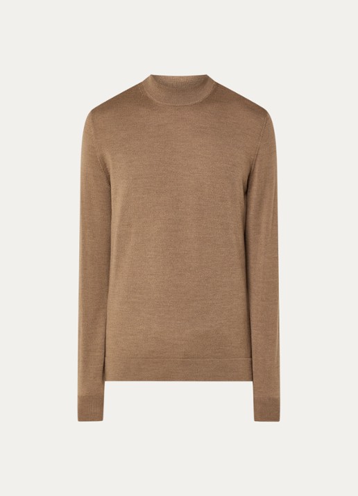 Strellson Marek fijngebreide pullover van wol met col - voorkant 2 donkerbeige