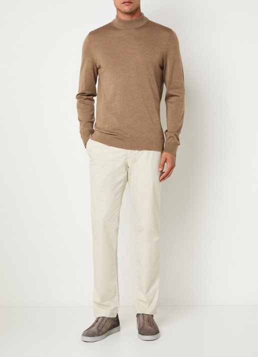 Strellson Marek fijngebreide pullover van wol met col - voorkant 3 donkerbeige