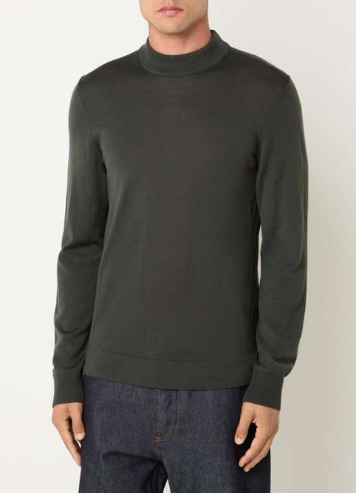 Strellson Marek fijngebreide pullover van wol met col - detail groen