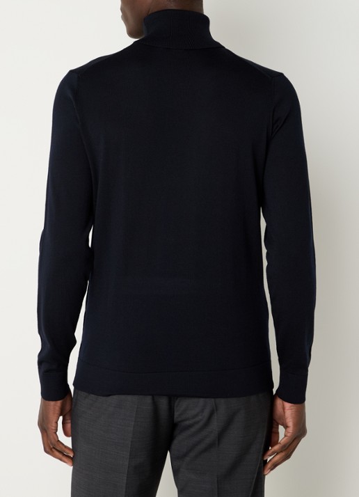 Strellson Ribgebreide trui van scheerwol met col - achterkant 3 donkerblauw
