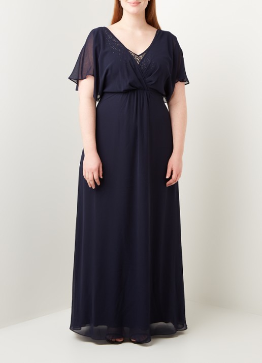 Studio 8 Albertina maxi jurk van chiffon met vlindermouw en pailletten - voorkant 3 donkerblauw