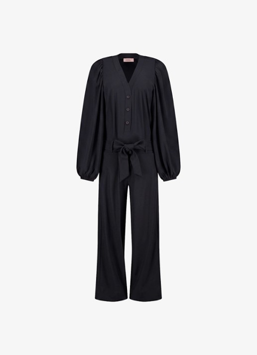 Studio Anneloes Cherie straight fit jumpsuit met strikceintuur - voorkant 3 zwart