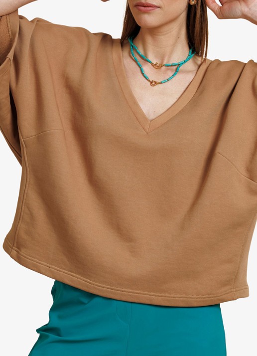 Studio Anneloes Costa sweatvest met V-hals - detail camel