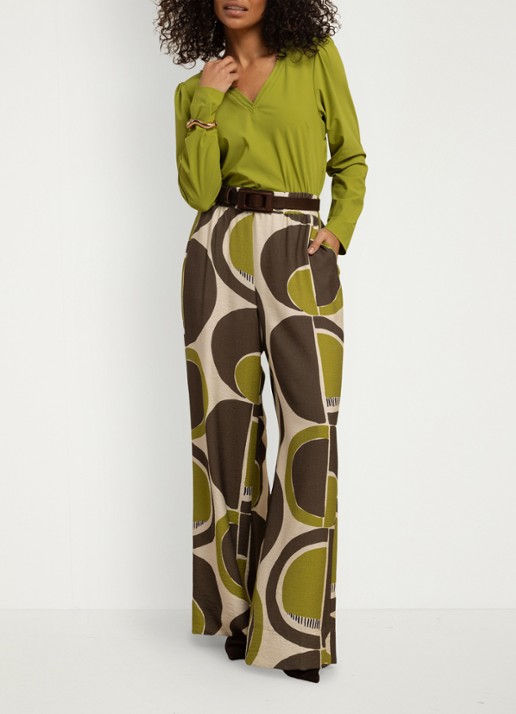 Studio Anneloes Grace high waist wide fit broek met print - voorkant 4 beige