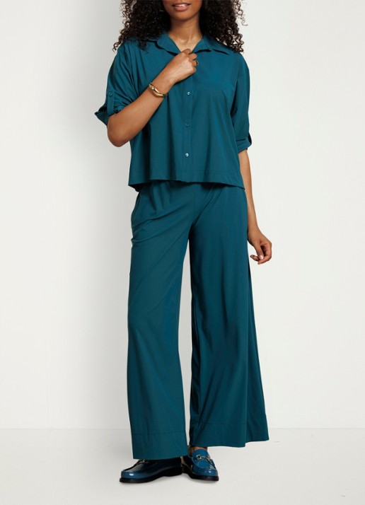 Studio Anneloes Grace high waist wide fit palazzo broek met trekkoord - voorkant 2 zeegroen