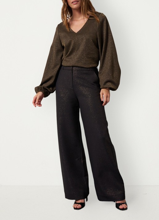 Studio Anneloes Mid waist wide fit pantalon met lurex en steekzakken - voorkant 2 zwart
