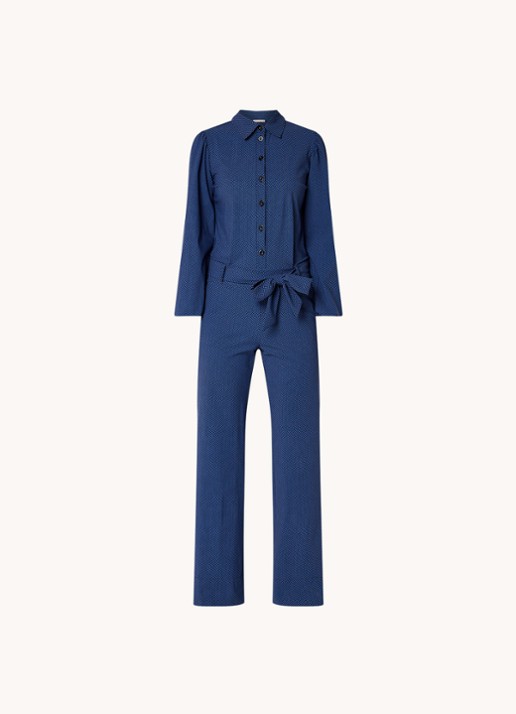 Studio Anneloes Nouk flared fit jumpsuit van travelstof met grafische print - voorkant 3 kobaltblauw