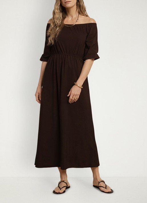 Studio Anneloes Off shoulder midi jurk met stretch - voorkant 3 bruin