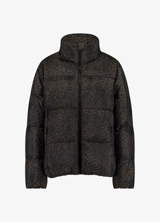 Studio Anneloes Tanner puffer jas met panterprint - voorkant donkerbruin