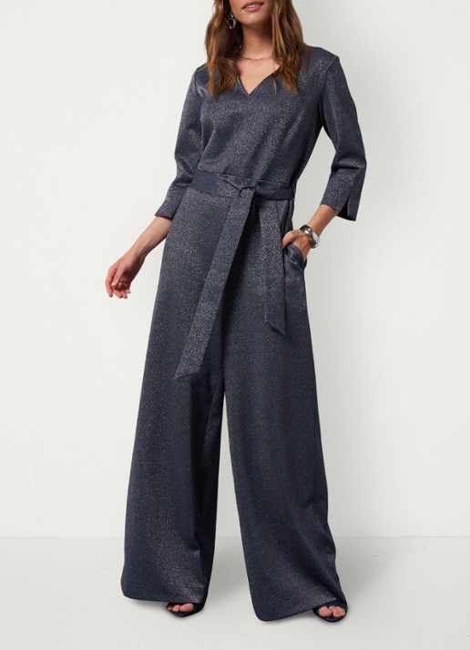 Studio Anneloes Wide fit jumpsuit met lurex en strikceintuur - voorkant 5 blauwgrijs
