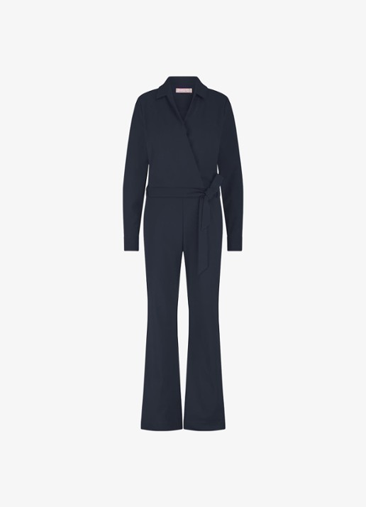Studio Anneloes Wide fit jumpsuit met strikceintuur - voorkant blauw