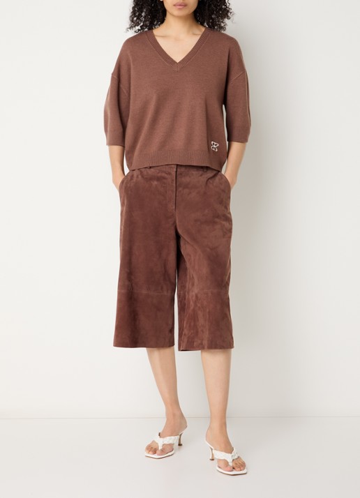 STUDIO AR Matilde high waist straight fit korte broek van geitensuède - voorkant 3 bruin