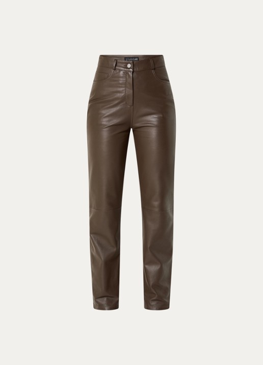 STUDIO AR Sacha high waist straight fit broek van schapenleer - voorkant 4 bruin