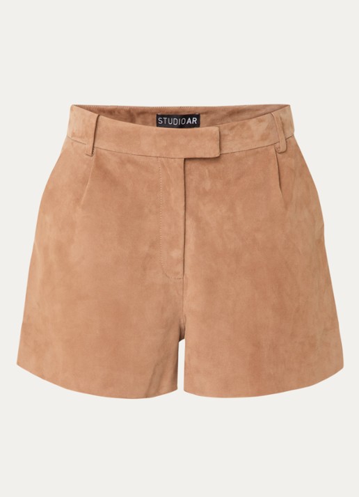 STUDIO AR Sofie high waist straight fit korte broek van geitensuède - voorkant 2 lichtbruin