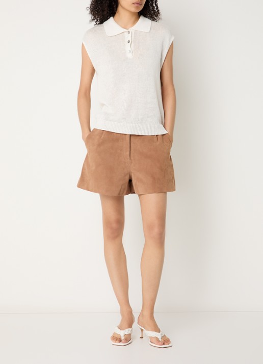 STUDIO AR Sofie high waist straight fit korte broek van geitensuède - voorkant 3 lichtbruin