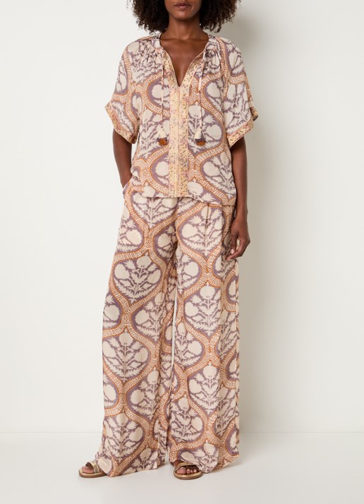 Summum Art Deco high waist loose fit broek met print - voorkant 4 gebroken wit