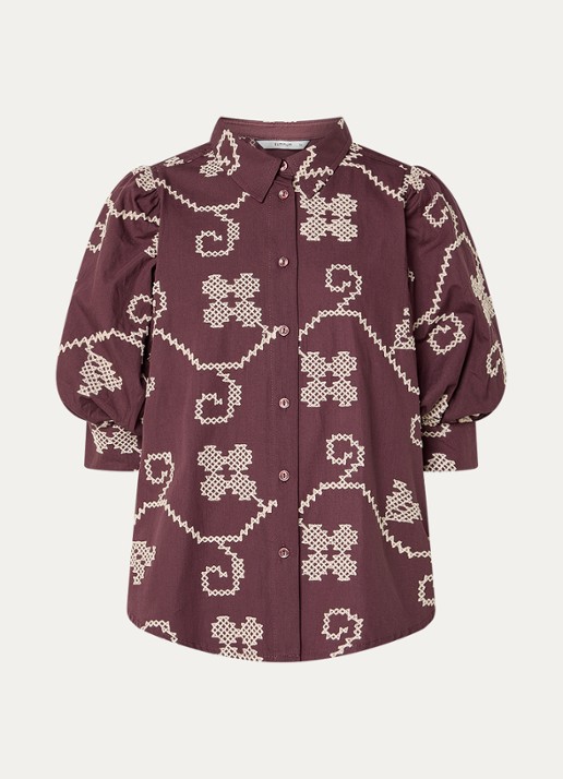 Summum Blouse met borduring en pofmouw - voorkant 3 aubergine