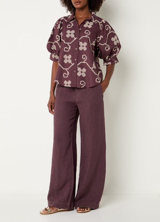 Summum Blouse met borduring en pofmouw - voorkant 4 aubergine