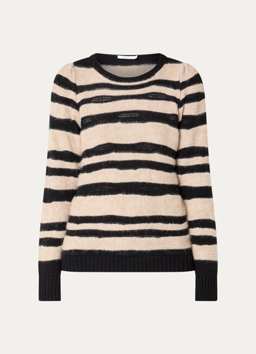 Summum Grofgebreide trui in alpaca wolblend met streepprint - voorkant zwart
