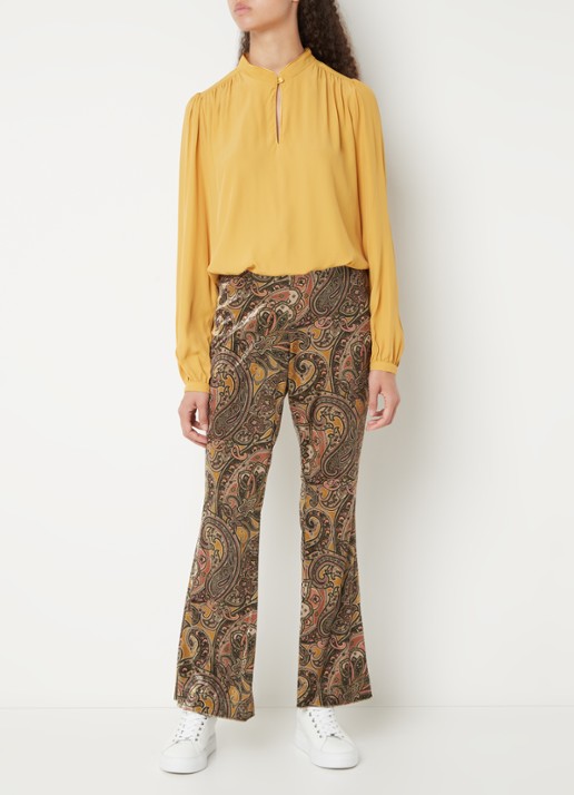 Summum High waist flared fit broek van fluweel met paisley dessin - voorkant 2 bronsgroen