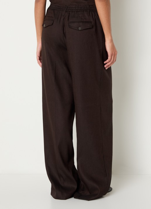 Summum High waist loose fit pantalon in linnenblend met trekkoord - achterkant donkerbruin
