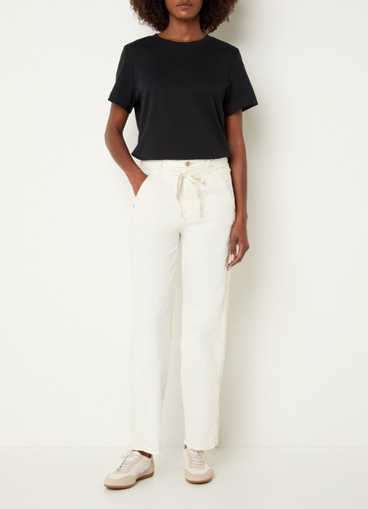 Summum High waist straight fit broek met trekkoord - voorkant 4 gebroken wit