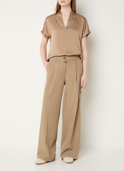 Summum High waist wide fit pantalon met ceintuur - voorkant 4 donkerbeige