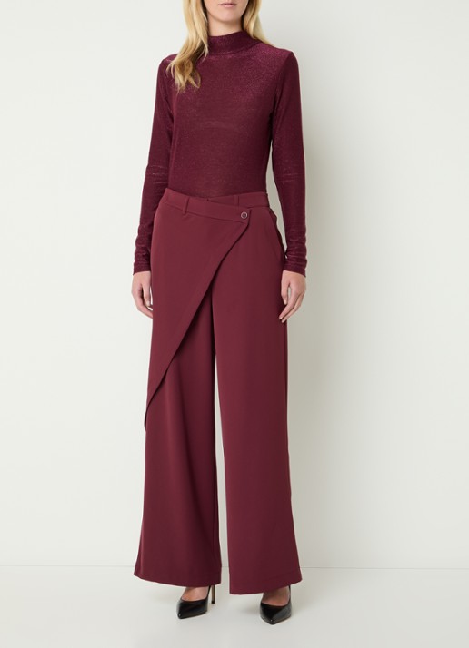 Summum High waist wide fit pantalon met overslag  - voorkant 4 bordeauxrood