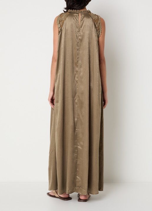 Summum Maxi jurk van satijn met broderie  - achterkant zand