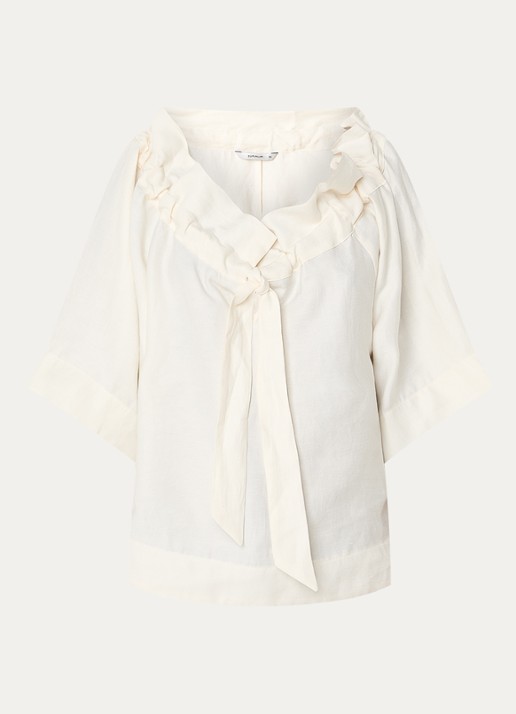 Summum Off shoulder top in linnenblend met volant - voorkant gebroken wit
