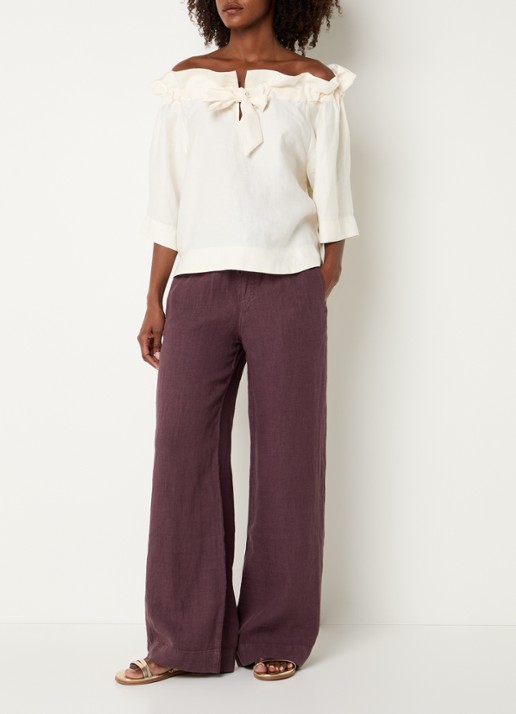 Summum Off shoulder top in linnenblend met volant - voorkant 2 gebroken wit