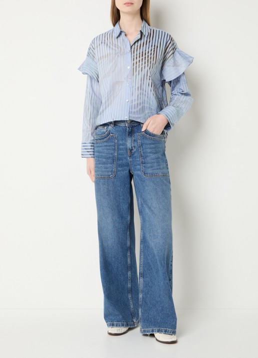 Summum Oversized blouse met streepprint  - voorkant 2 lichtblauw