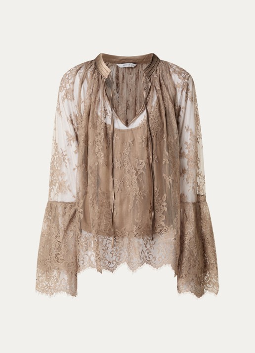 Summum Top van mesh met strikkraag - voorkant taupe