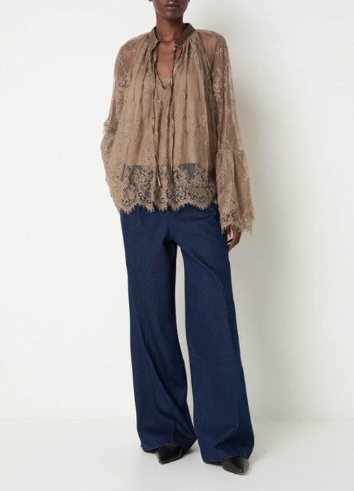 Summum Top van mesh met strikkraag - voorkant 2 taupe