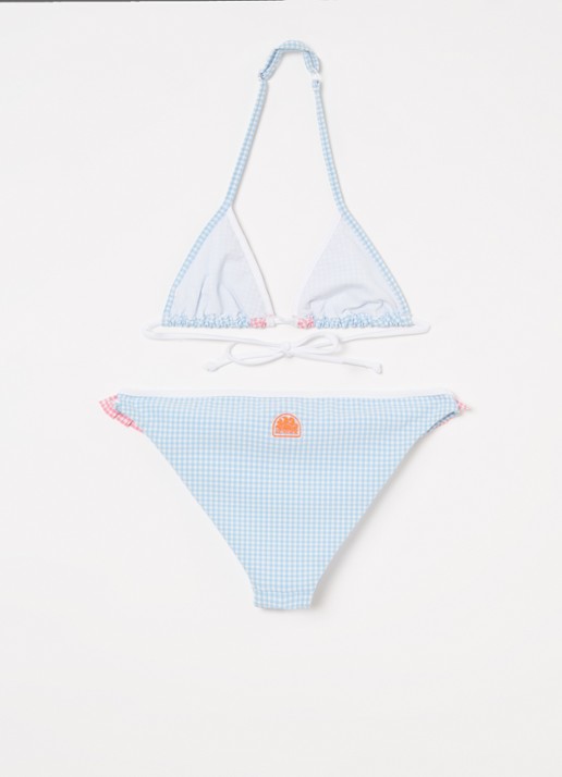 Sundek Bikini met ruitdessin en ruches - voorkant 2 lichtblauw