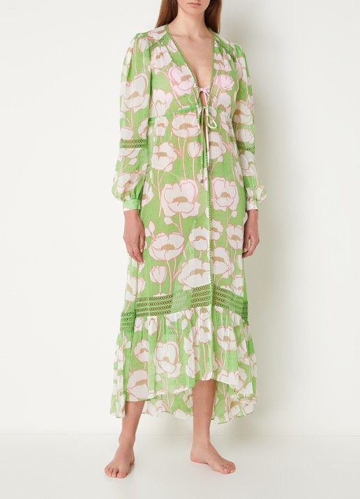 Ted Baker Elisiia maxi strandjurk met bloemenprint en opengewerkt dessin - voorkant 4 groen