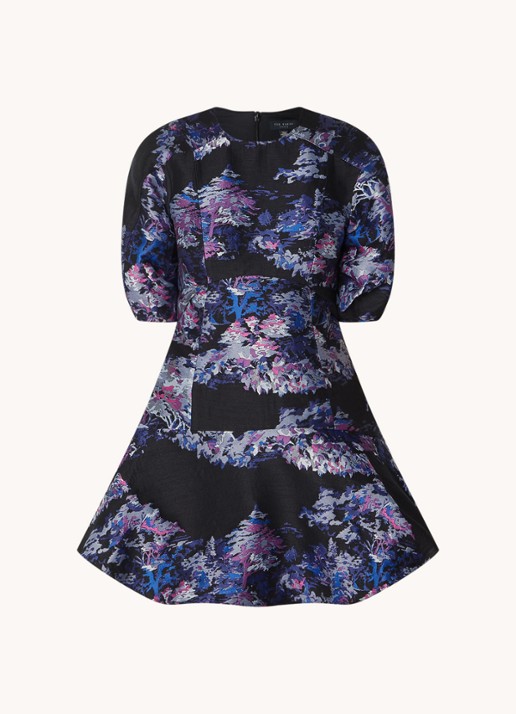 Ted Baker Midi A-lijn jurk met jacquard dessin en ballonmouw - voorkant 4 zwart