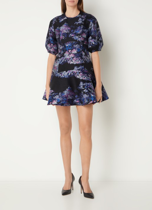 Ted Baker Midi A-lijn jurk met jacquard dessin en ballonmouw - voorkant 5 zwart