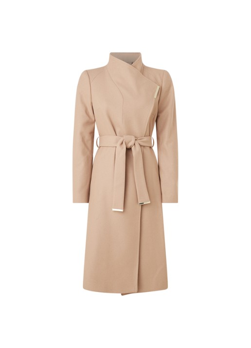 Ted Baker Rose mantel in wolblend met strikceintuur - voorkant 2 camel