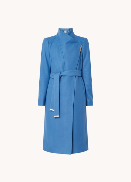 Ted Baker Rose mantel in wolblend met strikceintuur - voorkant 2 middenblauw