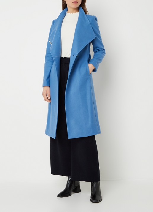 Ted Baker Rose mantel in wolblend met strikceintuur - voorkant 3 middenblauw