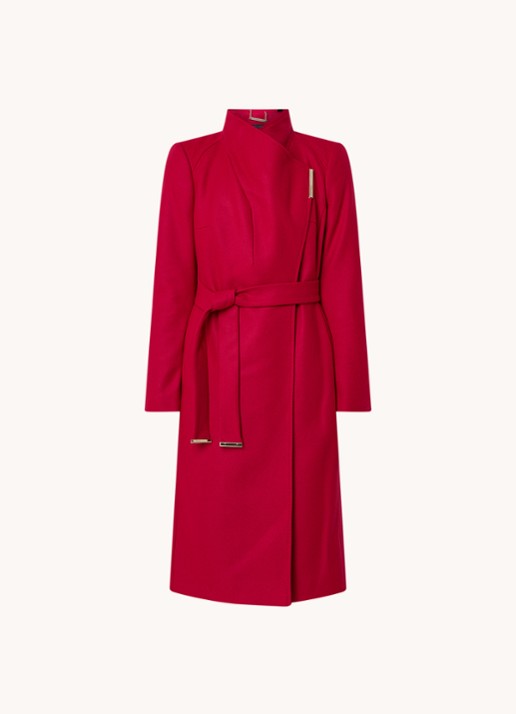 Ted Baker Rose mantel in wolblend met strikceintuur - voorkant 3 donkerroze
