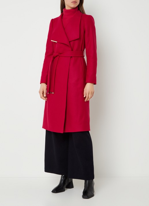 Ted Baker Rose mantel in wolblend met strikceintuur - voorkant 4 donkerroze