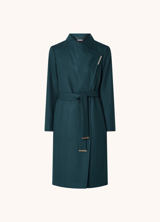 Ted Baker Rose mantel in wolblend met strikceintuur - voorkant 3 petrol