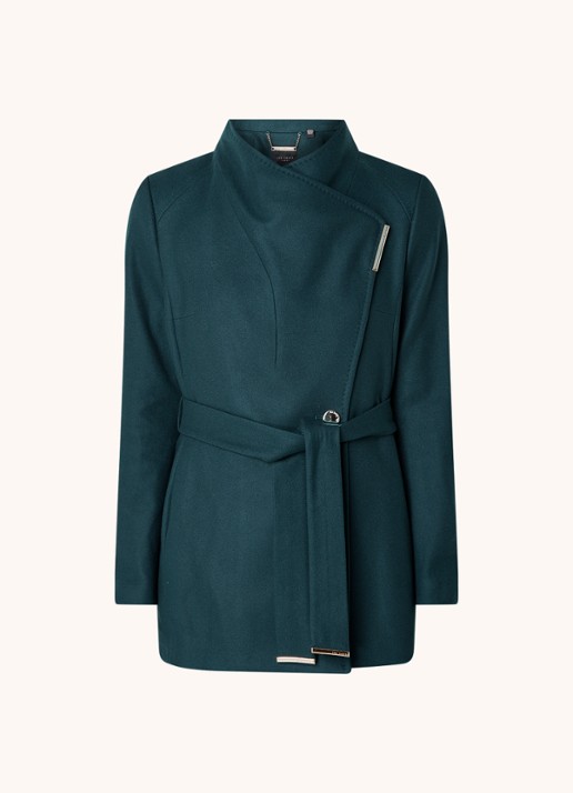 Ted Baker Rosess mantel in kasjmierblend met strikceintuur - voorkant 3 petrol