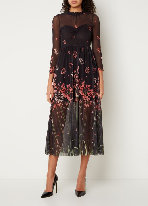 Ted Baker Susenaa midi jurk van mesh met bloemenprint - detail 2 zwart