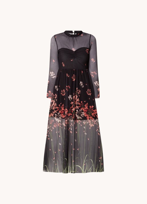 Ted Baker Susenaa midi jurk van mesh met bloemenprint - voorkant 3 zwart
